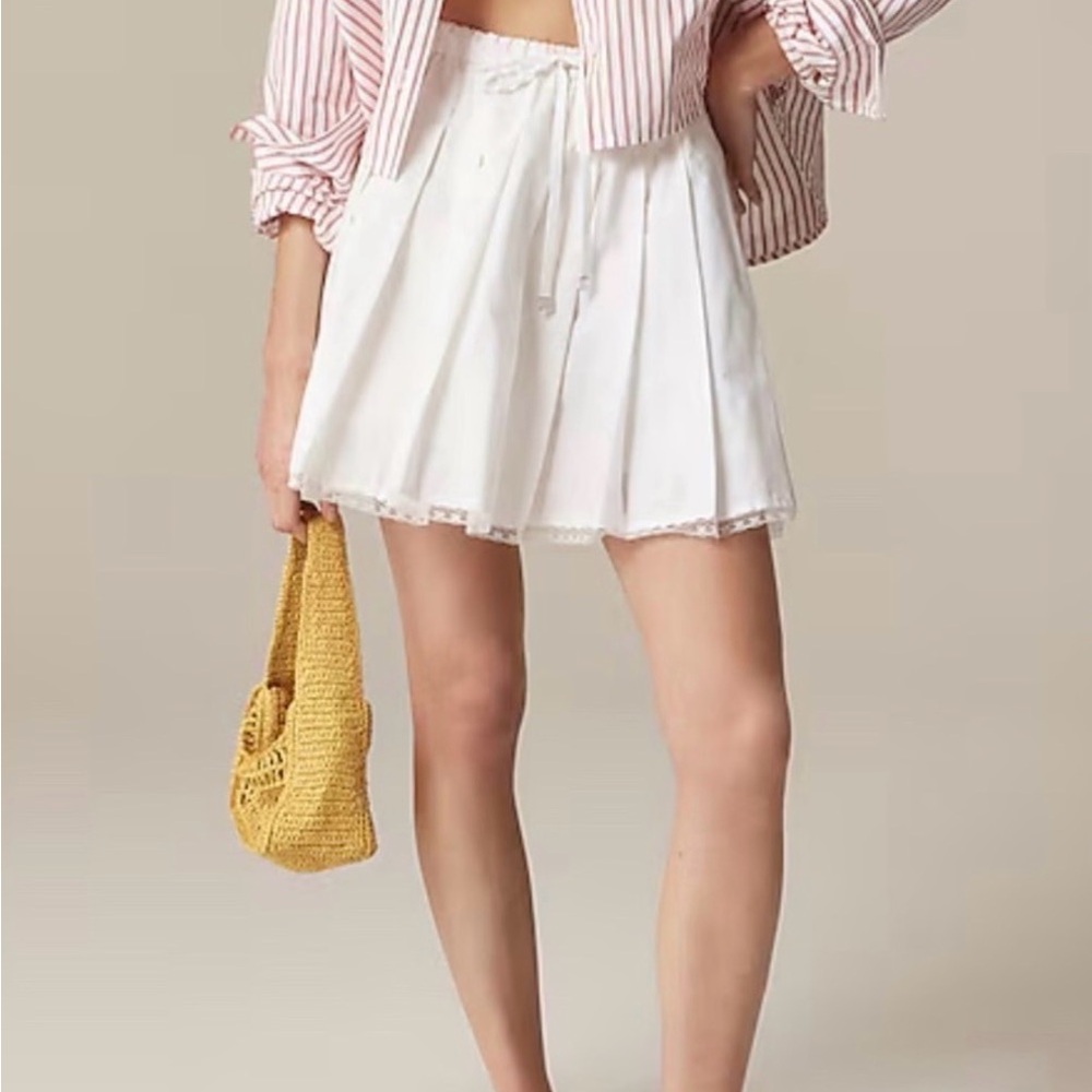 J.Crew Pleated Mini Skirt NWT White Cotton Pleated Elastic Waist Lace Trim L